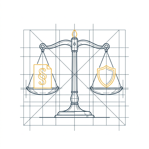 Blueprint-Illustration: Waage mit Dokument und Schild (DSGVO & Compliance)