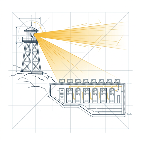 Blueprint-Illustration: Wachturm über Geräten (Angriffsschutz/EDR)