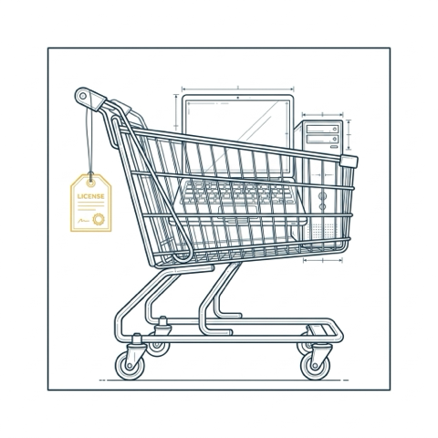 Blueprint-Illustration: Einkaufswagen mit Laptop, Server und Lizenz-Etikett (Beschaffung & Lizenzen)