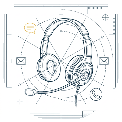 Blueprint-Illustration: Headset mit E-Mail-, Chat- und Telefonsymbolen (durchdachter Notfallplan)