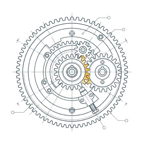 Blueprint-Illustration: Ineinandergreifende Zahnräder eines Uhrwerks (regelmäßige Wiederherstellungs-Tests)