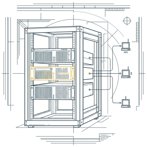Blueprint-Illustration: Serverschrank mit Netzwerksträngen (Server & VMs)