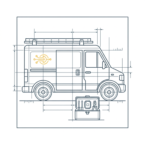 Blueprint-Illustration: Servicefahrzeug auf dem Weg zum Kunden (schnell und diskret vor Ort)