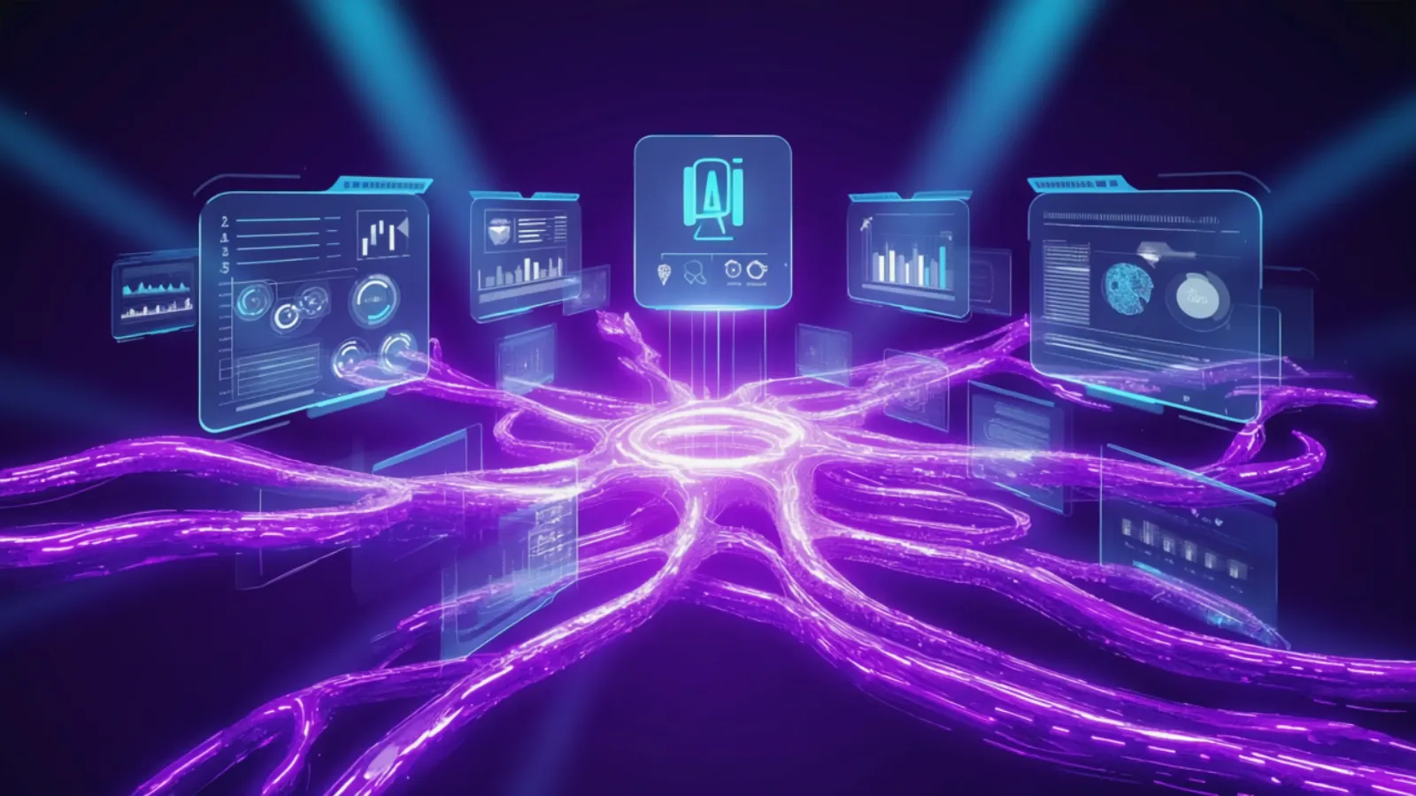 Eine KI-Plattform vernetzt Business-Systeme über holografische Dashboards mit lila Energieströmen.