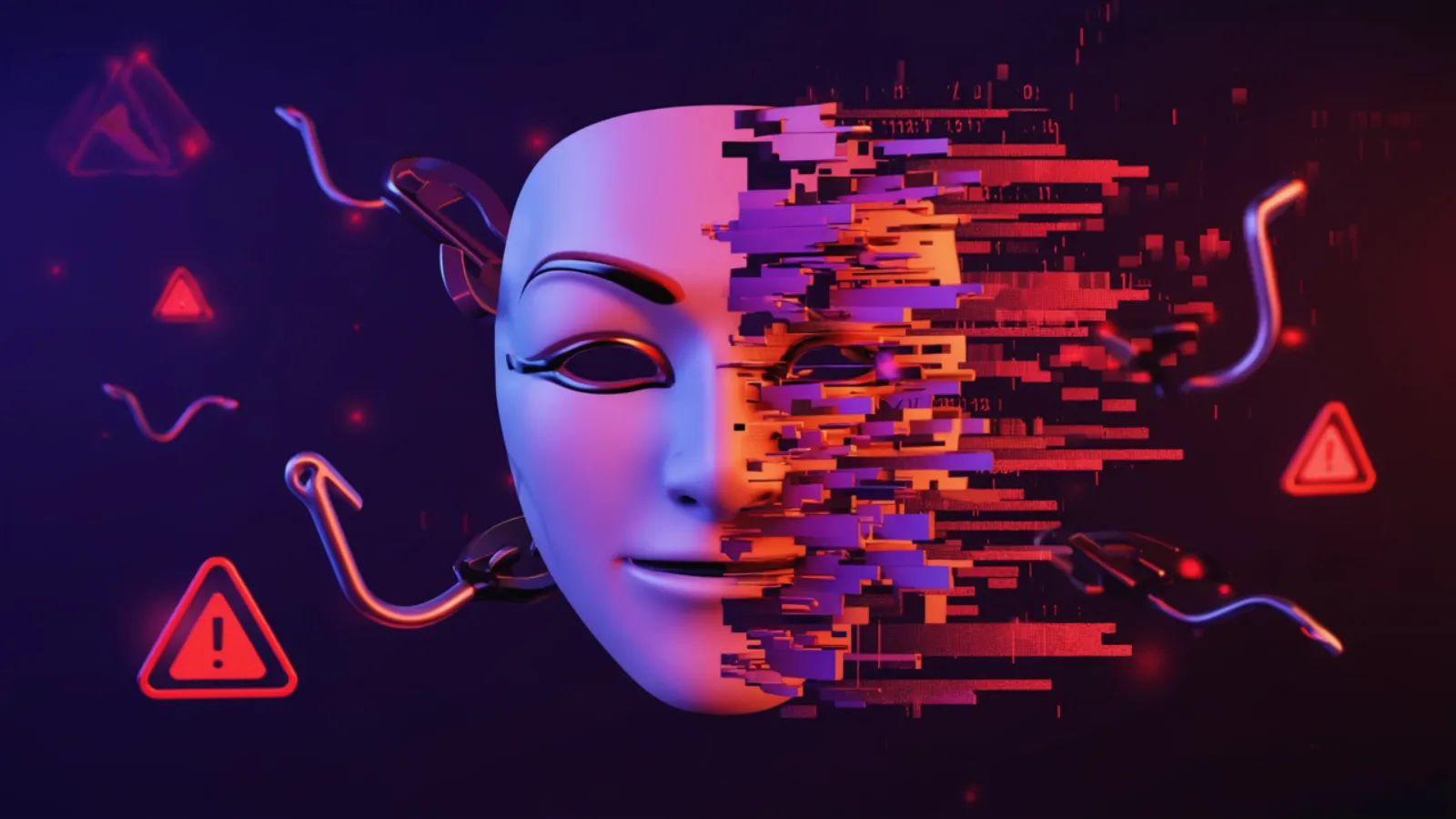 Eine digitale Deepfake-Maske zerfällt in Glitch-Pixel, daneben ein Phishing-Haken als Symbol für KI-gestützte Cyberangriffe.