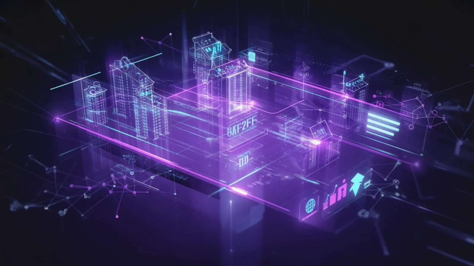 Ein holografisches KI-Dashboard für die Hausverwaltungssoftware DOMUS in Lila und Cyan.