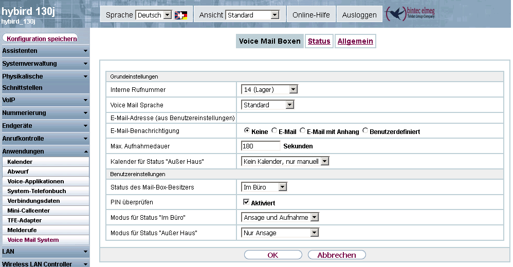 Bintec-elmeg-Telefonanlage: Menü der Voicemail-Box