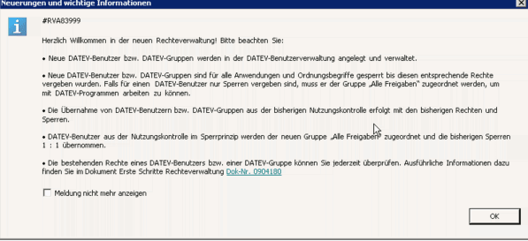 DATEV-Hinweis RVA83999 zur Umstellung auf die Rechteverwaltung