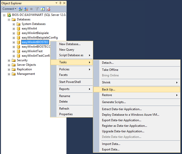 easyWinArt: Datenbank-Eigenschaften im SQL Server Management Studio