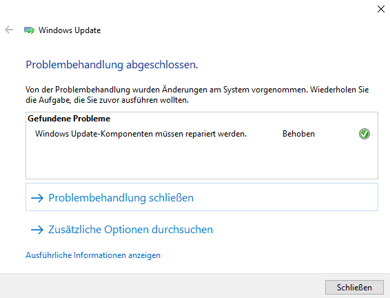 Windows-Update-Diagnosetool: Ergebnis der Prüfung