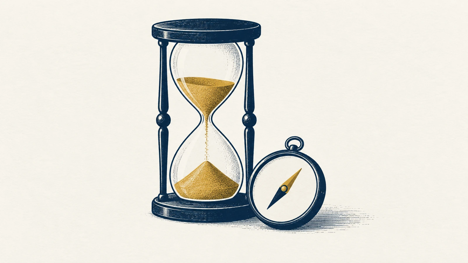 Eine Sanduhr mit goldenem Sand steht neben einem Kompass mit goldener Nadel.