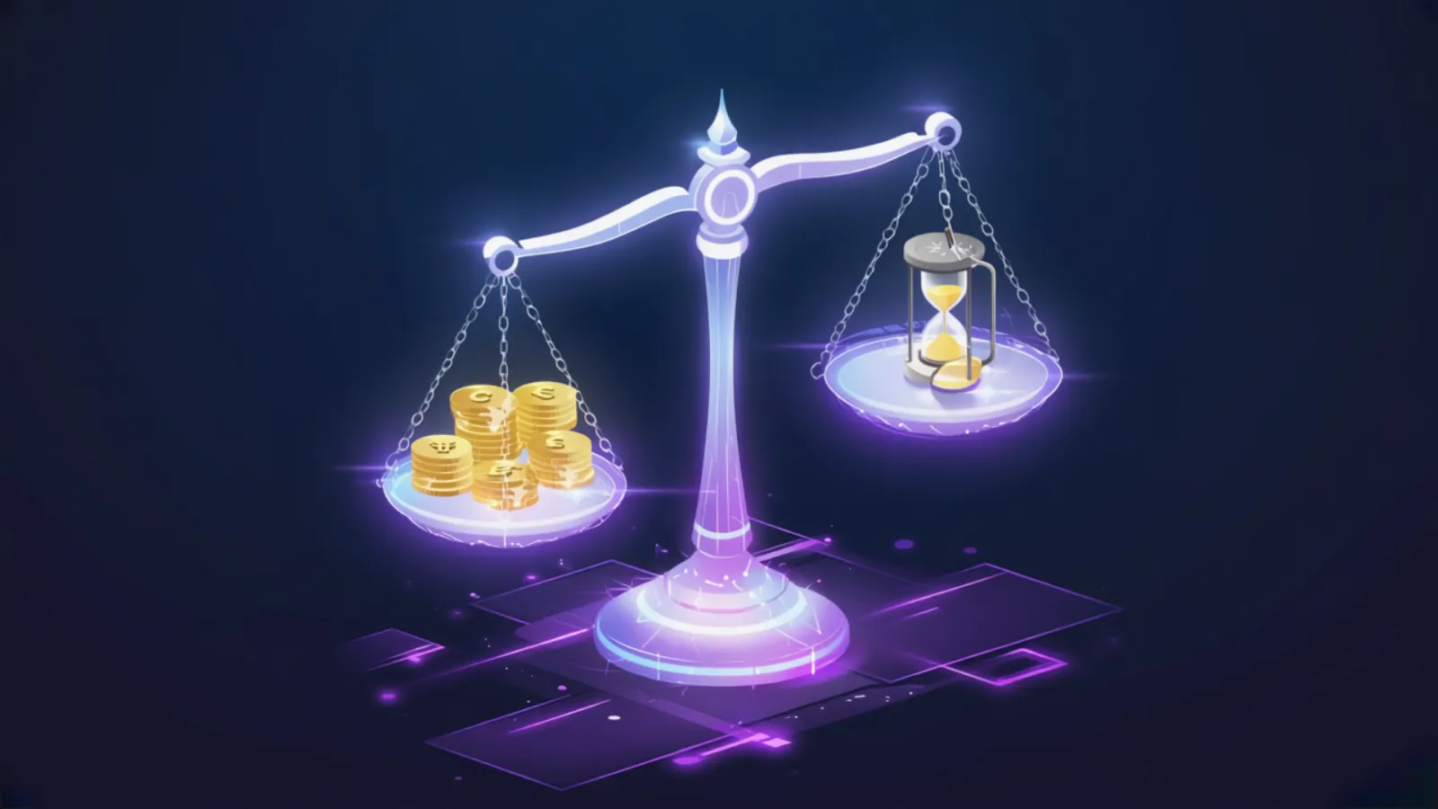 Eine futuristische Waage wiegt KI-Kosten gegen Zeitersparnis auf, als Sinnbild für den ROI von KI im Unternehmen.