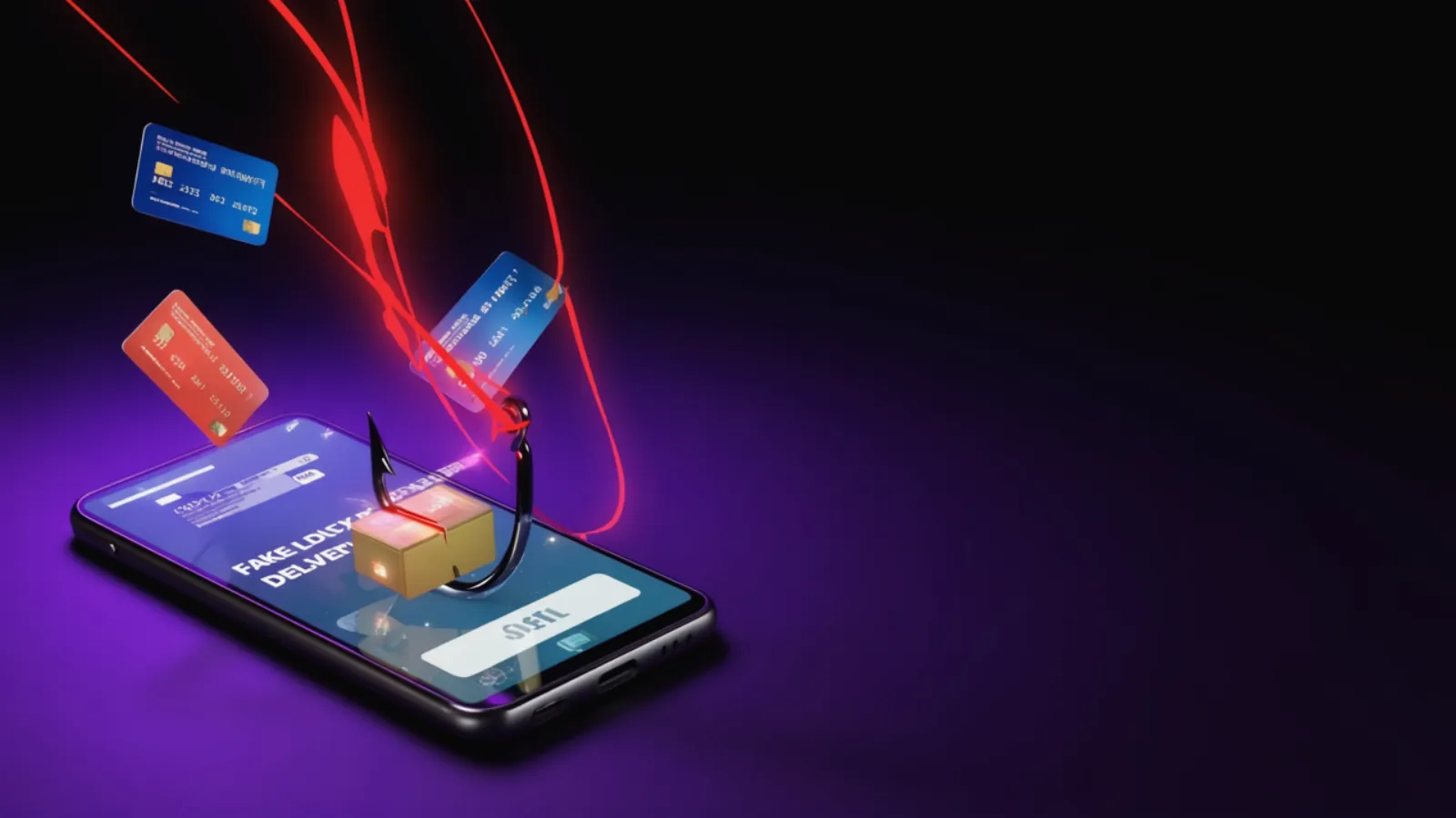 Ein Smartphone mit gefälschter Paket-SMS, an dem ein Phishing-Haken Kreditkarten anzieht.