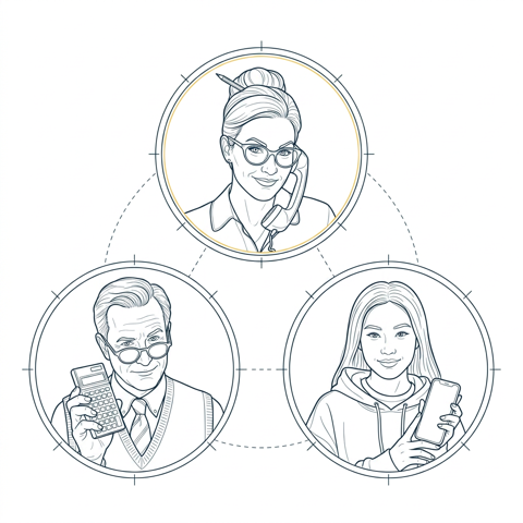 Blueprint-Illustration: Drei Assistenten-Avatare im Dreieck verbunden (ein Assistent pro Abteilung)
