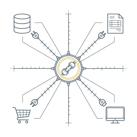 Blueprint-Illustration: Zentraler Hub mit Steckverbindung, an dem Datenbank, Rechnung, Warenkorb und Monitor andocken (jedes System anbindbar)