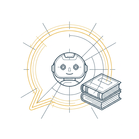 Blueprint-Illustration: Sprechblase mit Roboterkopf und Bücherstapel (KI-Assistent mit Firmenwissen)