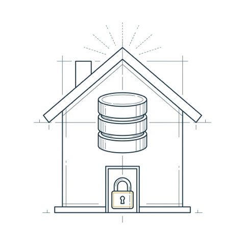 Blueprint-Illustration: Haus mit Datenbank im Inneren und Vorhängeschloss an der Tür (Daten bleiben beim Kunden)