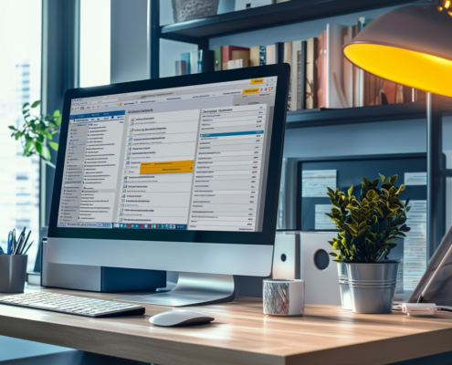 Ein Bildschirm auf einem Schreibtisch welcher Microsoft Outlook darstellt
