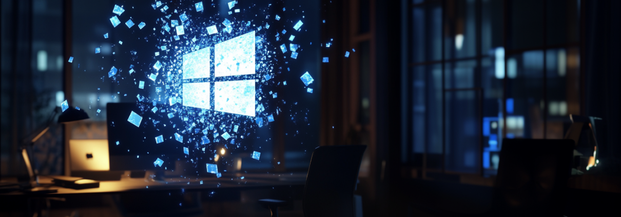 Schreibtisch auf dem das Windows 10 Logo in sich zerfällt