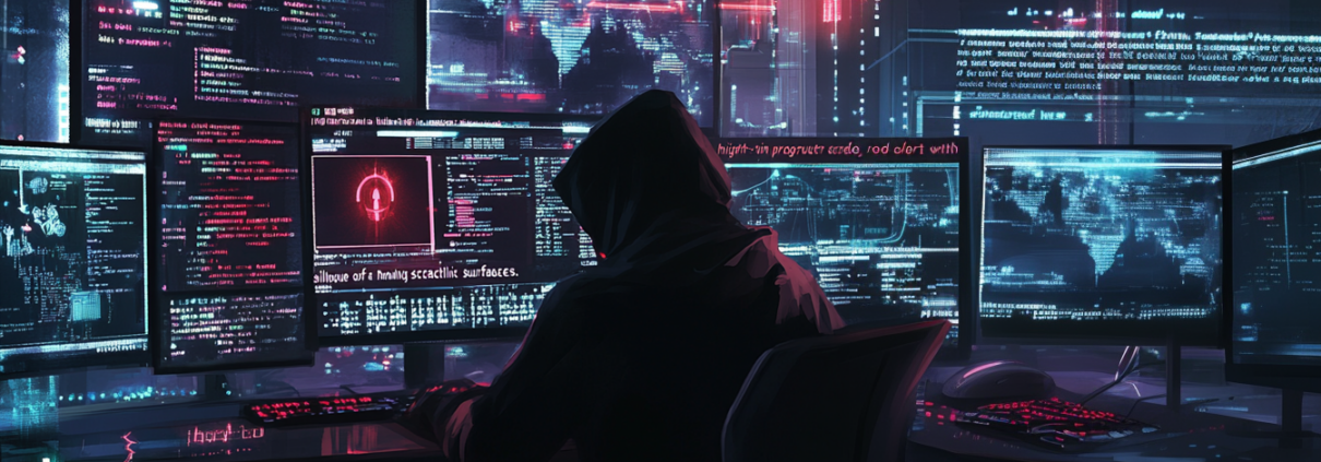 Ein Hacker vor vielen Bildschirm die Code darstellen