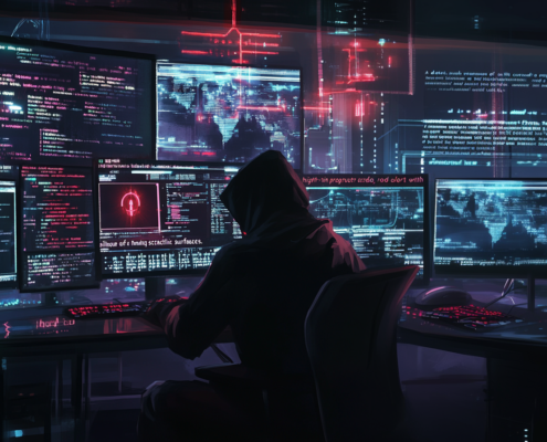 Ein Hacker vor vielen Bildschirm die Code darstellen