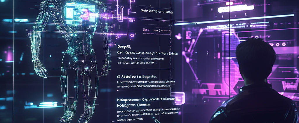 "Ein futuristisches High-Tech-Duell zwischen zwei KI-Assistenten: Links DeepSeek AI, dargestellt als schlanke, elegante, asiatisch inspirierte digitale Entität mit leuchtenden blauen und violetten Hologramm-Elementen. Rechts Microsoft Copilot, eine kraftvolle, professionelle KI mit kantigem, westlichem Design, silbernen und grünen Akzenten, umgeben von Windows-Logos und Cloud-Datenströmen. In der Mitte ein Mensch, der nachdenklich eine Entscheidung treffen muss, während Hologramm-Interfaces und Datenflüsse um ihn herum schweben. Epische, cyberpunk-artige Beleuchtung mit Neonlichtern und futuristischem UI-Design, filmisches 16:9-Format, ultra-detailliert, 4K, Unreal Engine Stil."