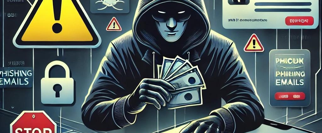Es zeigt einen Hacker, der digitales Guthaben stiehlt, mit Warnzeichen und Sicherheitsalarmen im Hintergrund